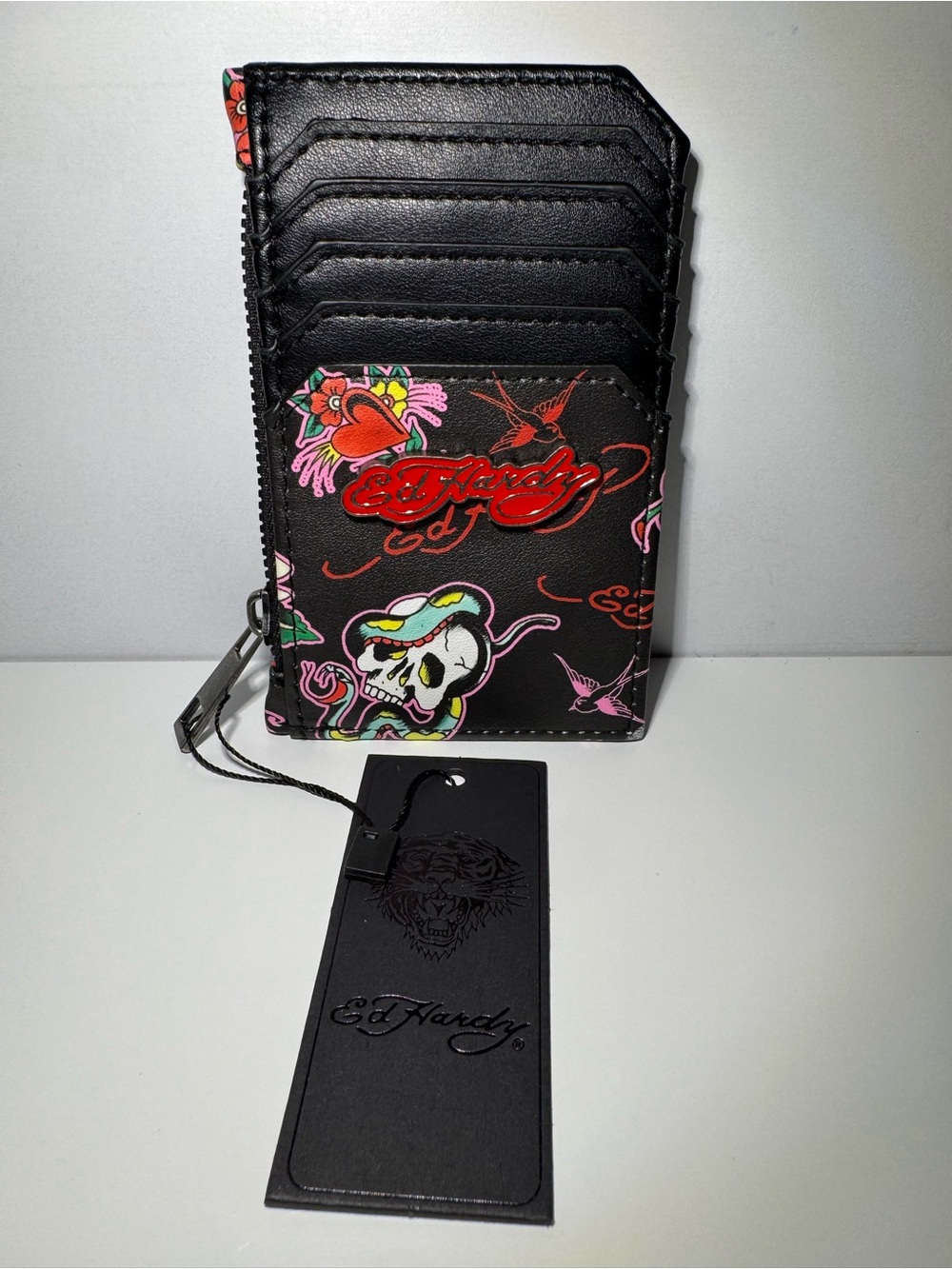 Ed Hardy Black Card Holder with Colorful Tattoo Skull Print